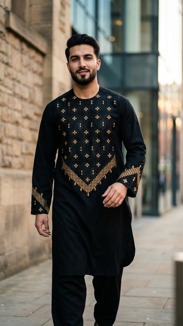 Classic Black Shalwar Kameez with Golden Embroidery