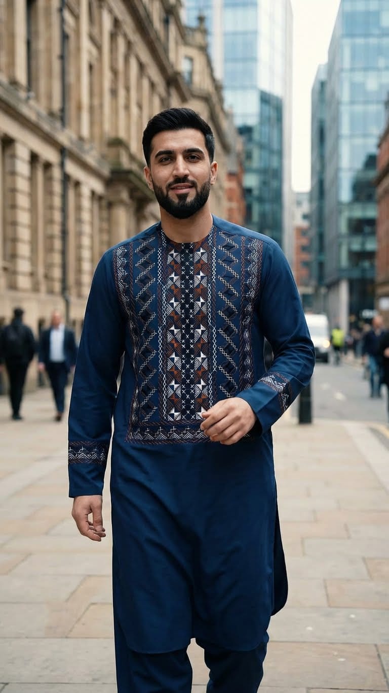 Deep Blue Shalwar Kameez with Multicolor Embroidery