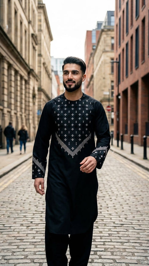 Classic Black Shalwar Kameez with Golden Embroidery
