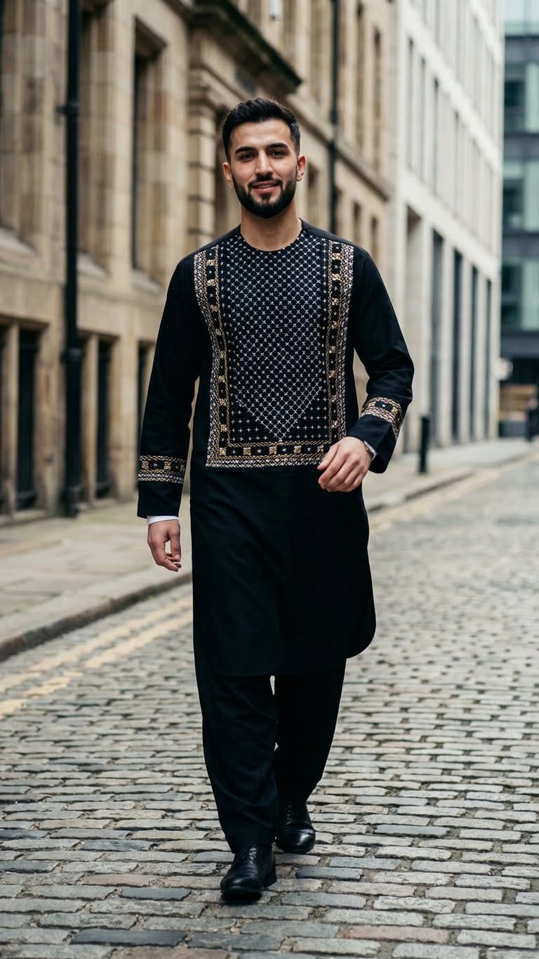 Elegant Black Shalwar Kameez with Gold Embroidery
