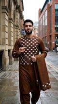 Rich Brown Shalwar Kameez with Embroidered Shawl