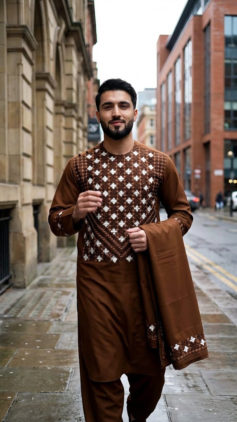 Rich Brown Shalwar Kameez with Embroidered Shawl