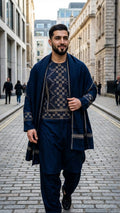 Royal Navy Blue Shalwar Kameez with Embroidered Shawl