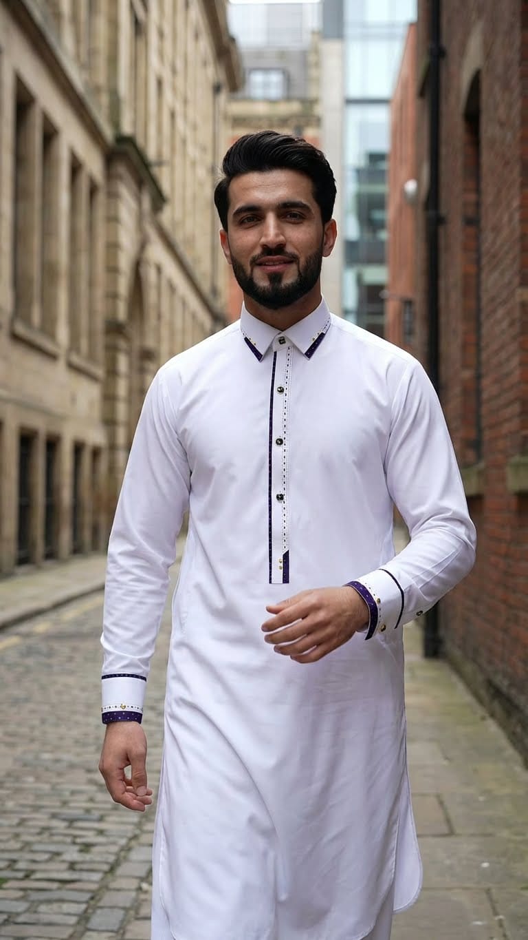 Classic White Shalwar Kameez with Purple Accents