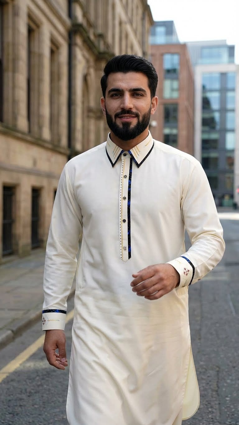 Elegant Off-White Shalwar Kameez with Contrast Detailing