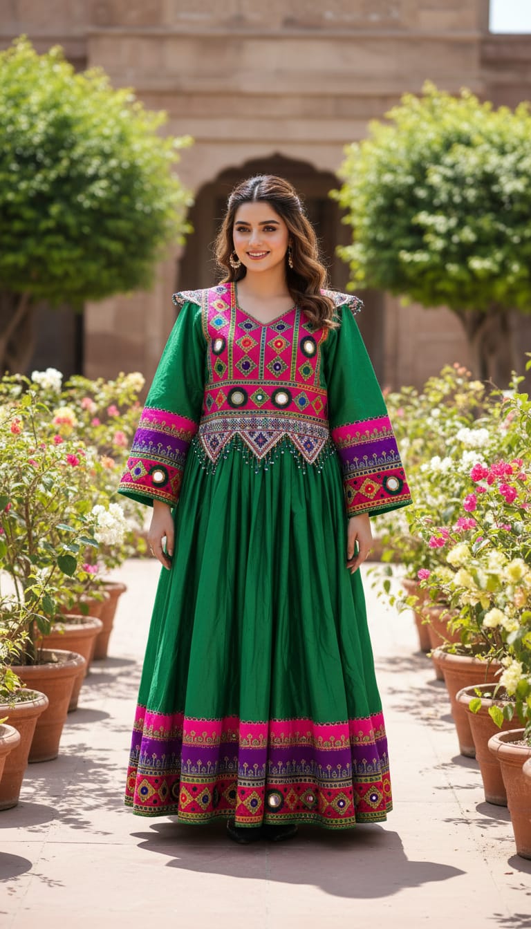 Elegant Green Traditional Dress with Colorful Embroidery