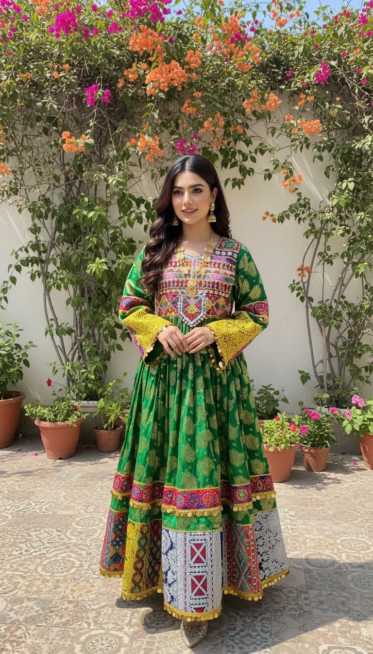 Vibrant Green Traditional Dress with Colorful Embroidery