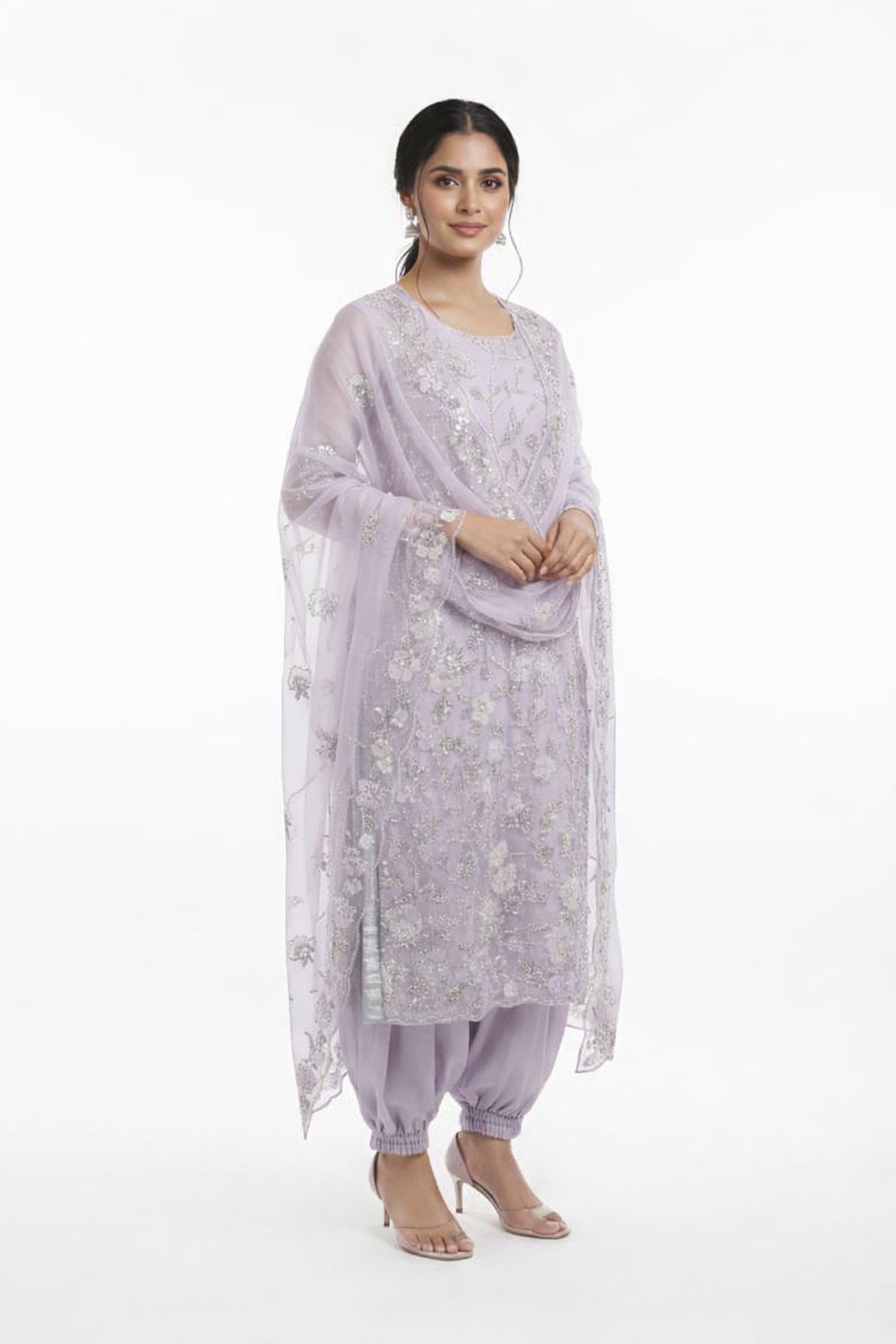 3 Pieces Pakistani Suit – Lavender Embroidered Chiffon Dress    ۳ ټوټې پاکستاني سوټ – د لېوندر رنګ ګنډل شوی لباس