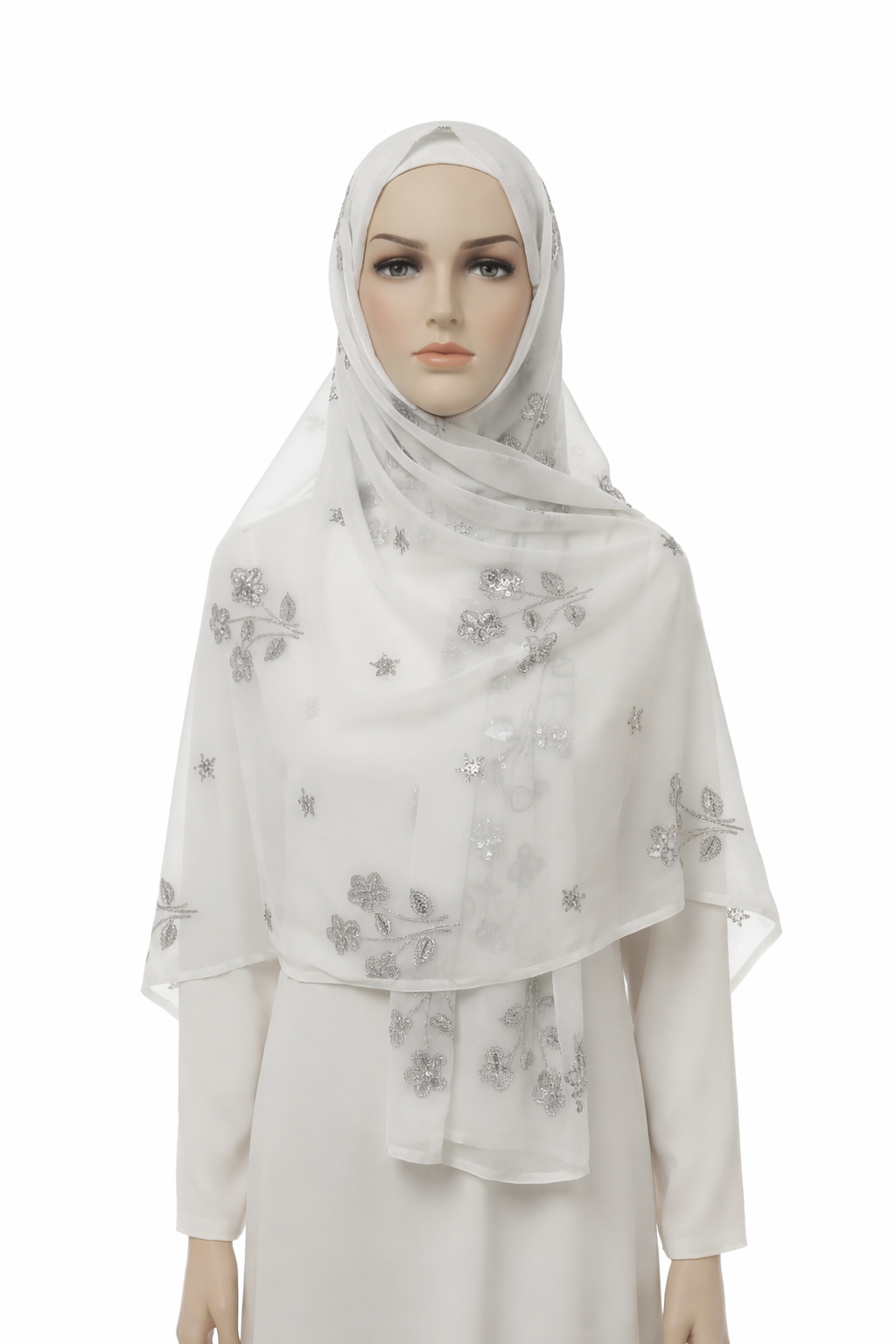 Elegant White Embroidered Chiffon Dupatta ښکلی سپین ګلدوزي شوی شیفون دوپټه