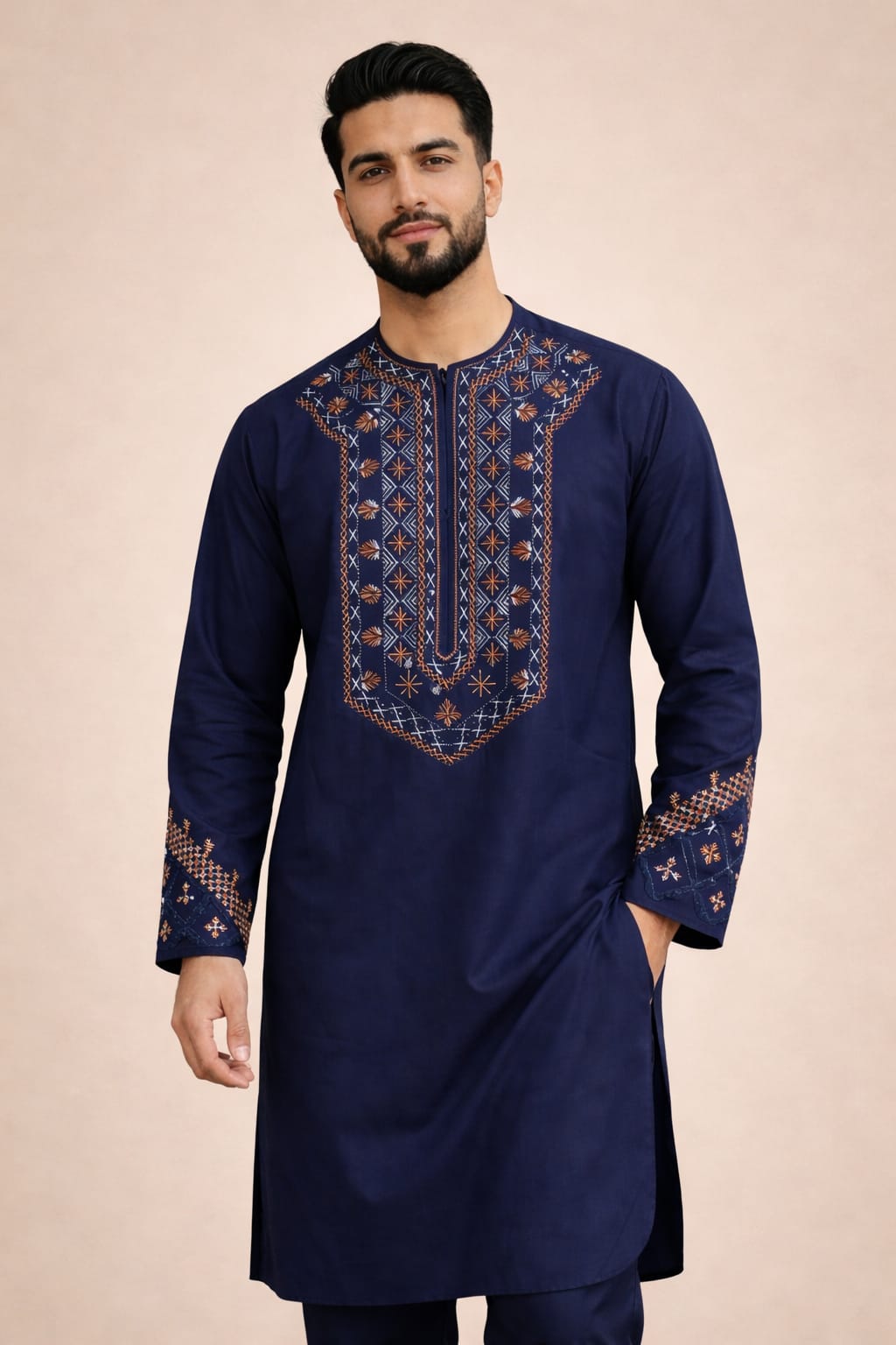 Elegant Navy Blue Afghani Men’s Clothes – Traditional Embroidered Design