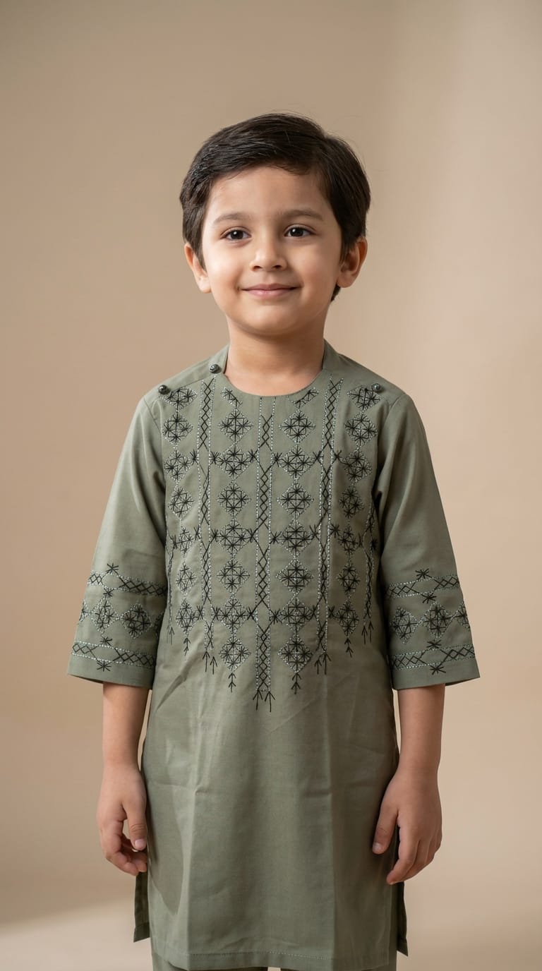 Stylish Green Afghani Kids Clothes – Traditional Embroidered Design