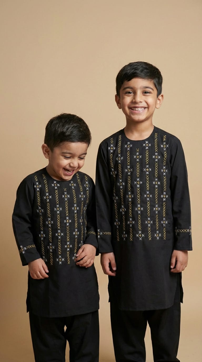 Stylish Black Afghani Kids Clothes – Traditional Embroidered Set