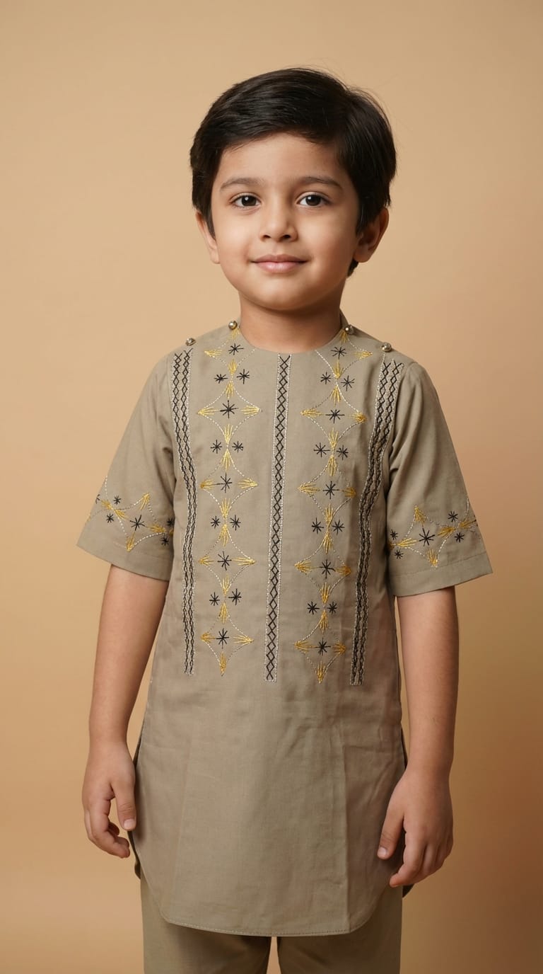 Classic Beige Afghani Kids Clothes – Elegant Embroidered Style