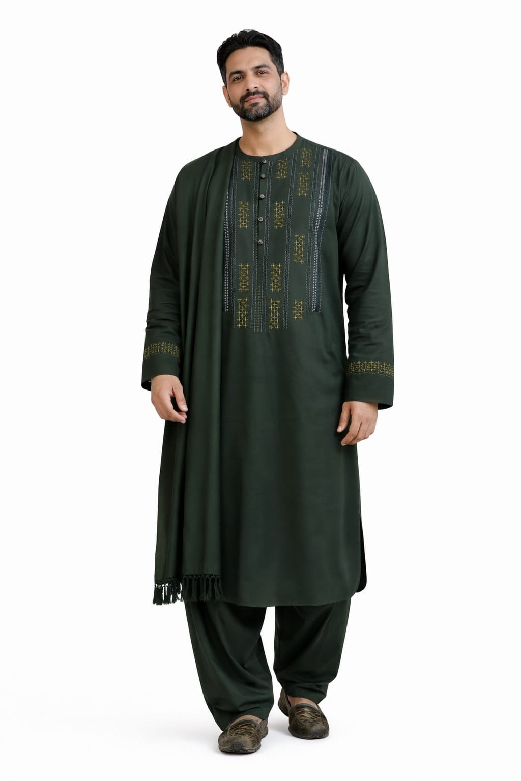 Elegant Dark Green Afghani Men’s Clothes – Traditional Embroidered Style