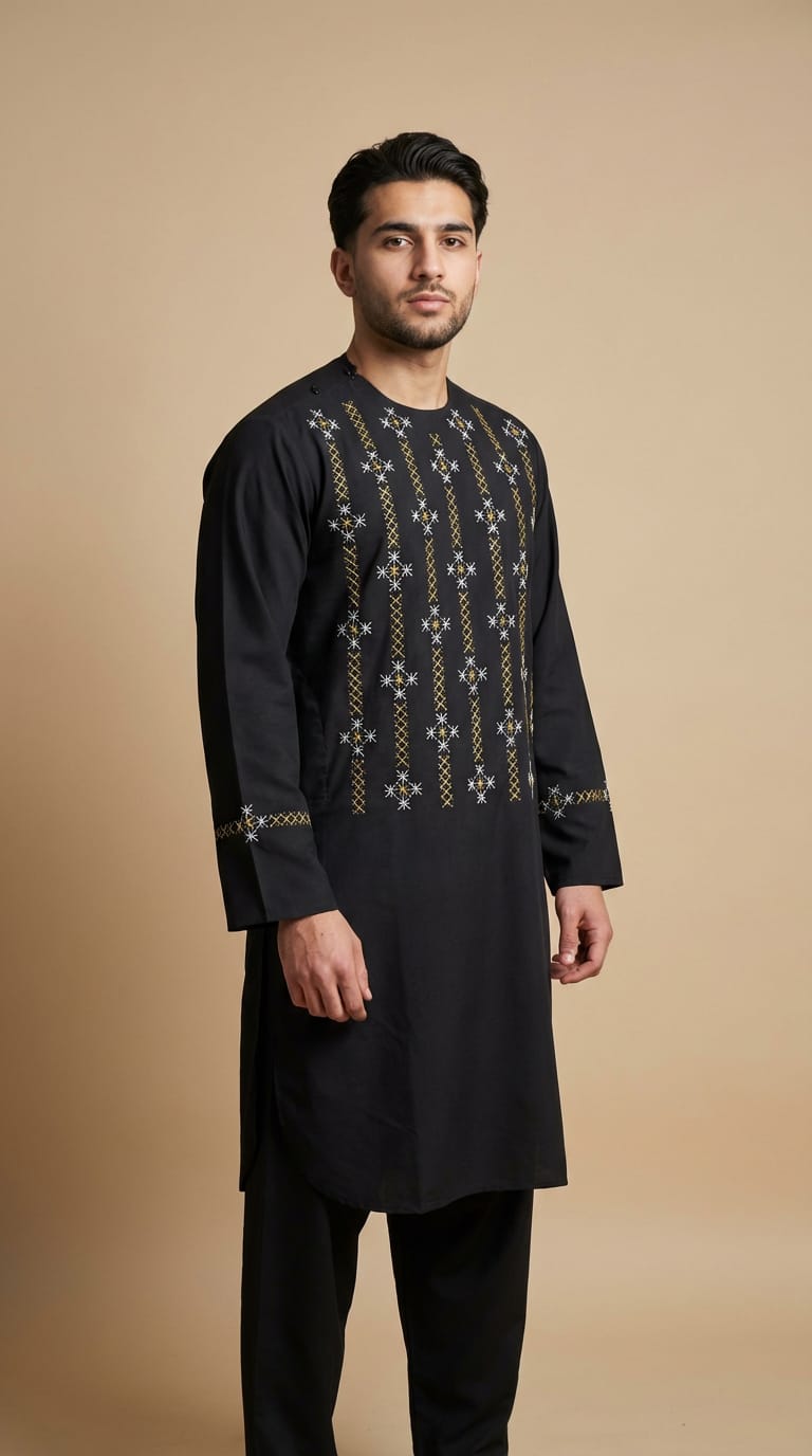 Classic Black Afghani Men’s Clothes – Traditional Embroidered Style