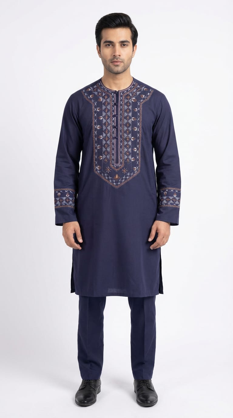 Classic Navy Blue Afghani Men’s Clothes – Traditional Embroidered Design