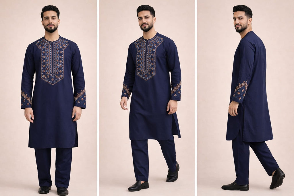 Elegant Navy Blue Afghani Men’s Clothes – Traditional Embroidered Design