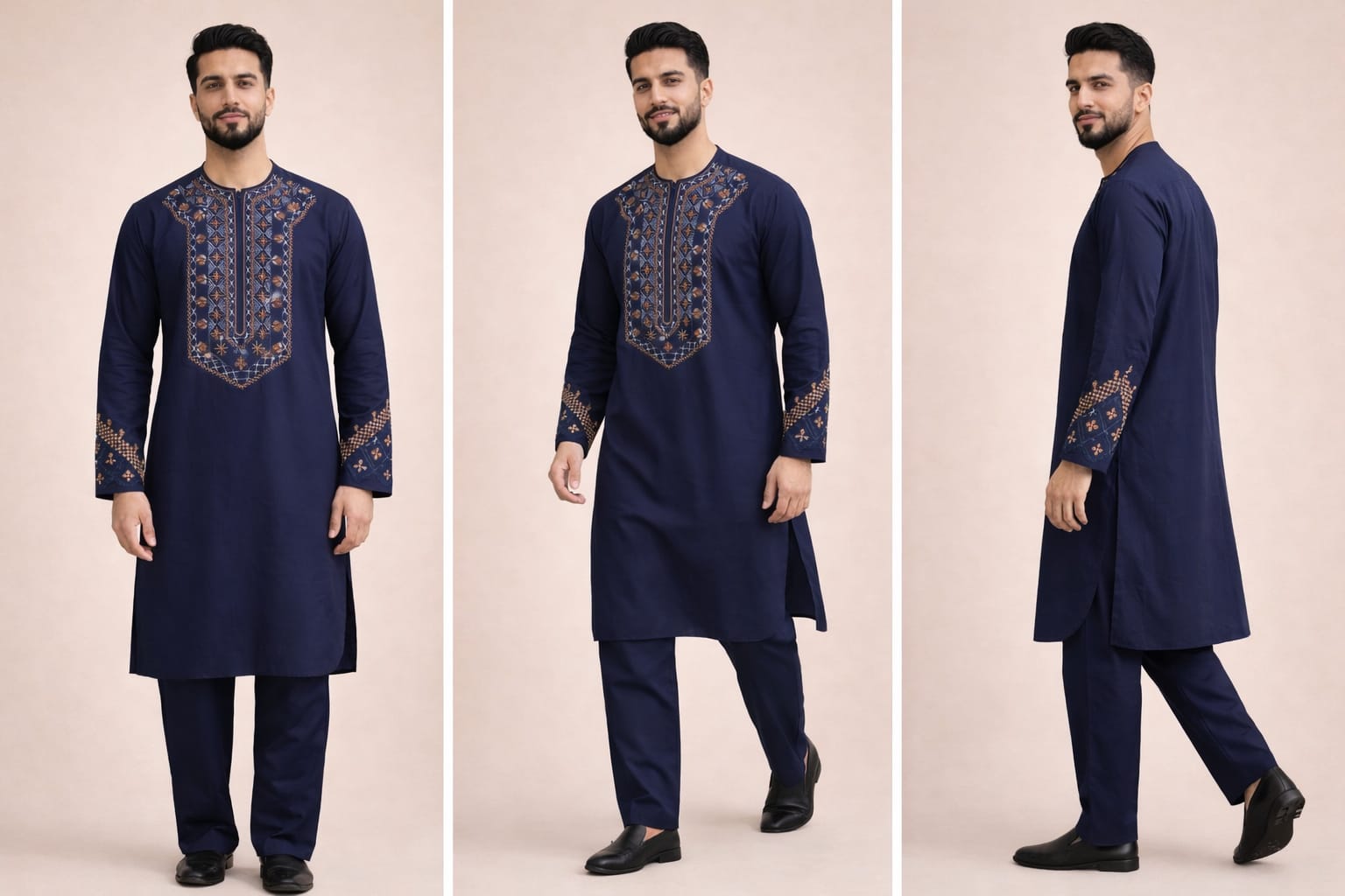 Elegant Navy Blue Afghani Men’s Clothes – Traditional Embroidered Design
