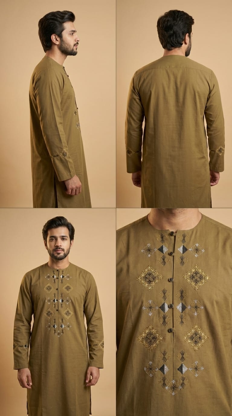 Classic Olive Afghani Men’s Clothes – Traditional Embroidered Style