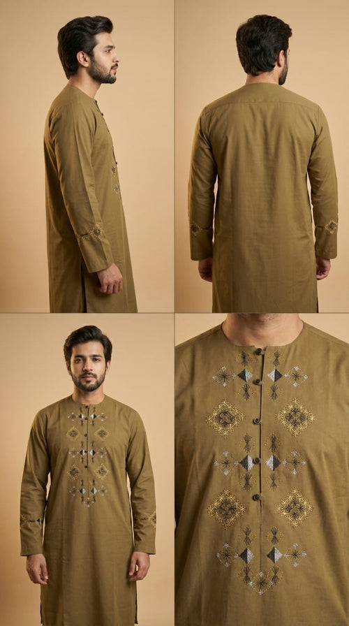 Classic Olive Afghani Men’s Clothes – Traditional Embroidered Style