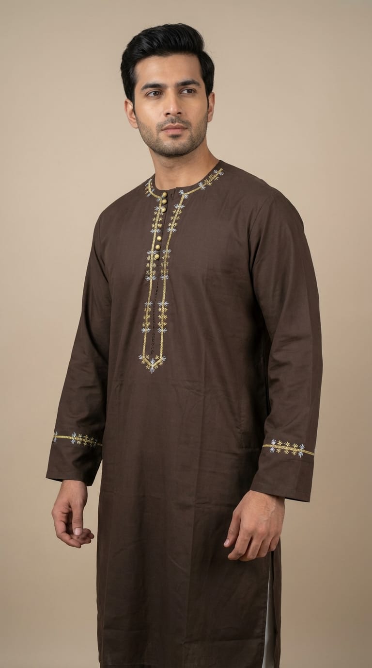 Elegant Brown Afghani Men’s Clothes – Traditional Embroidered Design