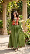 Olive Green Afghan Traditional Maxi Dress