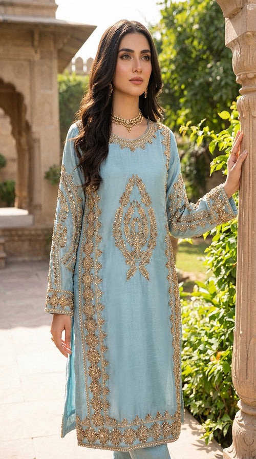 3 Pieces Pakistani Suit – Sky Blue Embroidered Chiffon Dress   ۳ ټوټې پاکستاني سوټ – د اسماني شین رنګ ګنډل شوی لباس