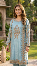 3 Pieces Pakistani Suit – Sky Blue Embroidered Chiffon Dress   ۳ ټوټې پاکستاني سوټ – د اسماني شین رنګ ګنډل شوی لباس