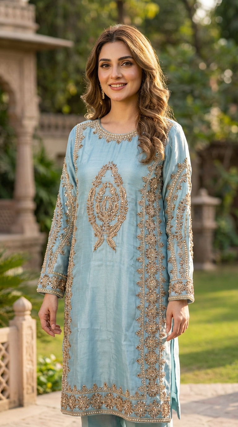 3 Pieces Pakistani Suit – Sky Blue Embroidered Chiffon Dress   ۳ ټوټې پاکستاني سوټ – د اسماني شین رنګ ګنډل شوی لباس