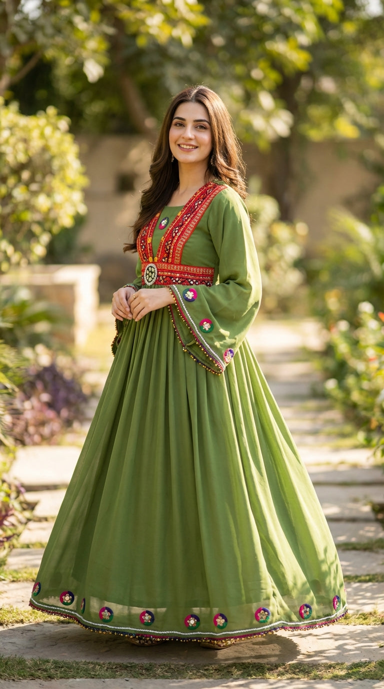 Olive Green Afghan Traditional Maxi Dress